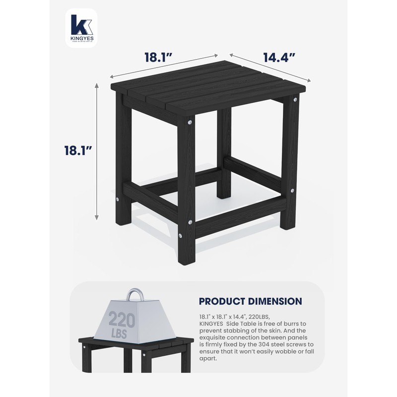 KINGYES Adirondack Side Table, Patio Outdoor Rectangular End Table, Black