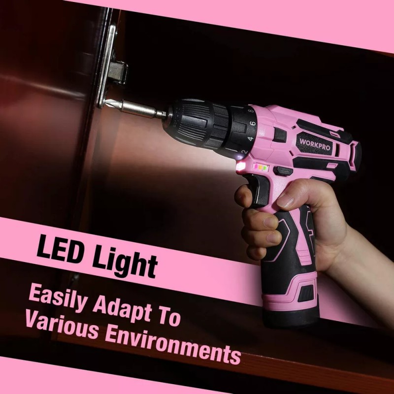 WORKPRO 12V Pink Cordless Drill Driver Set Home Tool 61PC