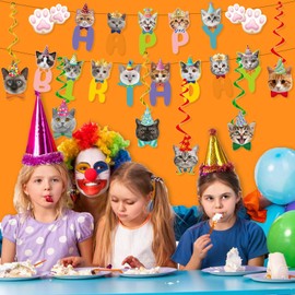 Cat Birthday Party Decorations Cat Face Paw Happy Birthday Banner Garland Hanging Swirls Pet Cats Party Supplies for Kids Boys Girls Pet Cats Theme Bday Baby Shower Party Bunting Backdrop Decorations