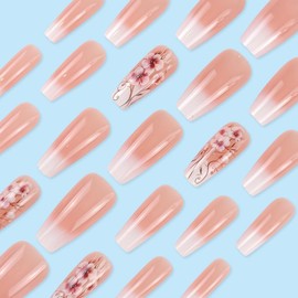 Medium Coffin Press on Nails Flowers Acrylic Nails Light Pink & White Ombre Fake Nails Glossy Full Cover Nails Press Ons Cute Artificial Long False Nails for Women 24 PCS