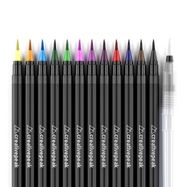 Creativepeak Watercolour Brush Pens - 12 Vibrant Colouring Pens & 1 Blending Brush - Premium Art Supplies Featuring Soft Tip - Perfect for Calligraphy, Lettering, Adult Colouring