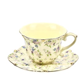 TATSUMI Country Roses Bone China Tea Cup and Saucer Set, 3 Pieces, Vintage Style, For Women and Tea Parties(yellow,1 Set)