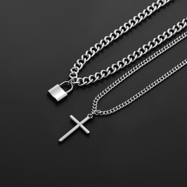FUNEIA Silver Layered Stainless Steel Cross Necklace for Men Cuban Link Chain Box Chain Rope Chain Choker Necklace Bling CZ Cubic Zirconia Diamond Cross Black Cross Nail Cross Pendant Necklace Jewelry