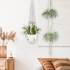 Hastvikas Macrame Cotton Plant Hanger, Handmade Boho Hanging Planter for Indoor & Outdoor Home Décor, Farmhouse & Balcony Decoration, Off White, Set of 4