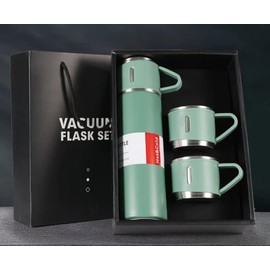 Modern Travel Thermal Flask Set - Flask set Stainless Steel Vacuum Insulated Bottle with Extra 2 Cup for Hot and Cold Drink (Green)