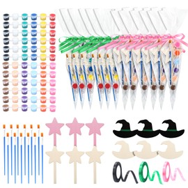 Simgoing 12 Sets Witch Pink and Green Paint Your Own Party Favors Wooden Painting Craft Kit Include Cards and Art Supplies for Witch Princess Favor DIY Craft Kit Birthday Gift Party Supplies