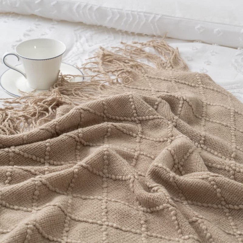 battilo Knit - Manta Decorativa con patrón de Diamante, Beige,