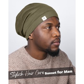 YANIBEST Silk Satin Bonnet Hair Cover Sleep Cap - Olive Green Adjustable Stay on Silk Lined Slouchy Beanie Hat for Night Sleeping