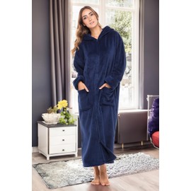 Alexander Del Rossa Fleece Zip Up Robes for Women with Zippered Front, Hooded Zipper Robes for Women, Womens Long Robe Navy Blue 2X (A0476NBL2X)