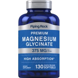Piping Rock Magnesium Glycinate | 375mg | 130 Count | Premium & High Absorption | Quick Release Softgels | Non-GMO & Gluten Free Formula