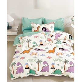 100% Cotton Fitted Sheet Set Twin 3 Pcs Bedding Set Cartoon Bunny and Dinosaur Garden Soft Breathable Comfy 1 Fitted Sheet 1Flat Sheet 1 Pillowcases (Dinosaur, Twin)