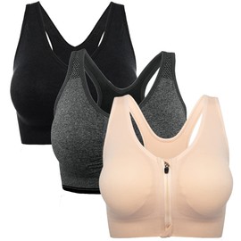 Womens Zip Front Sports Bra Wireless Post-Surgery Bra Racerback Yoga Sports Bras
