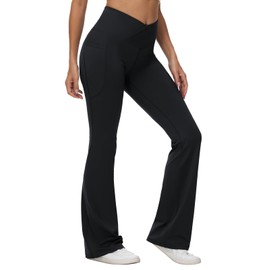 BALEAF Women's Tall Flare Leggings 34" Tummy Control Crossover High Waisted Long Bootcut Yoga Pants with Pockets Work Casual Black L