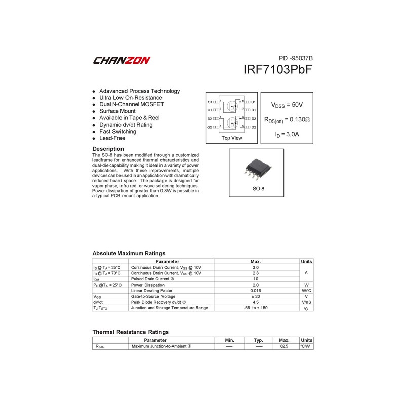 Chanzon IRF7103TRPBF SOP-8 Power MOSFET 3A Transistor SMD Pack of