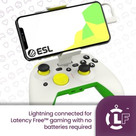 RiotPWR ESL RP1950ESL Game Controller for iOS iPhones, Wired for Interference-free Game Flow, Power Pass Through Charging, ZeroG Holder, Improved 8-Way D-Pad, Share Button, Green-White