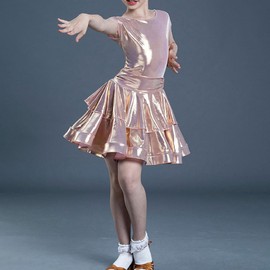 AFAVOM Girls Shiny Metallic Wet Look Dress Sparkly Latin Dance Ruffle Dress Tiered Jazz Costume Tango Ballroom Rave Festival Outfit Disco Salsa Cha Cha Party Pleated Swing Dress Rose Gold 5-6 Years