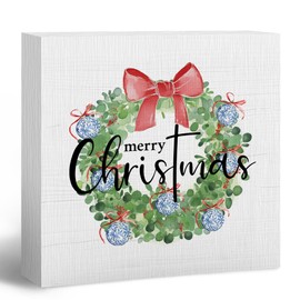 ANIANG Christmas Bows Wooden Box Sign, Blue and White Christmas Wreath Desk Decor, Christmas Chinoiserie Coquette Bedroom Office Decor, Merry Christmas Wood Box Sign for Office Home Wall Shelf Decor