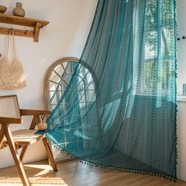 Sutuo Home - Cortinas bohemias de 108 pulgadas de largo para recámara, sala de estar, patio, puerta, encaje de ganchillo, bohemio con borlas, cortinas de tratamiento de ventana, 1 panel individual de