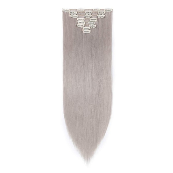 Clip-In Real Hair Extensions, Synthetic Hairpiece, 8 Wefts, 18 Clips for Complete Full Head Hair Extensions, 66 cm, Straight, Light Grey