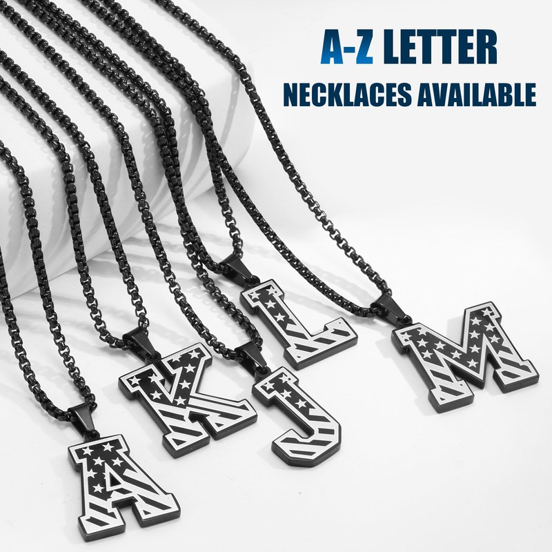 American Flag Initial Necklace for Men 𝑩𝒐𝒚𝒔, A-Z Letter Pendant