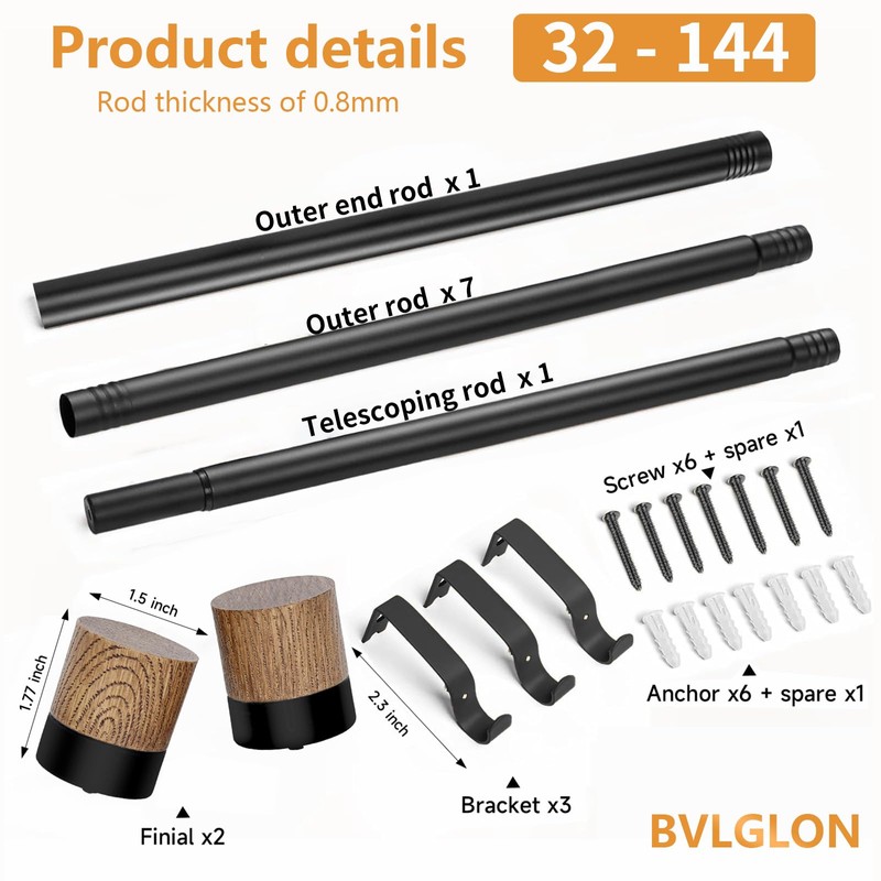 Adjustable Rustic Wood Curtain Rods for Windows 32-144 Inch,Black