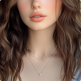 BYIA Sterling Silver Layered Initial Necklaces For Women Trendy 18K Gold Plated Distinct Initial Pendant Necklace Silver Delicate Beaded Necklace Jewelry Silver L