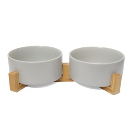 OniAnt Ceramic Dog and Cat Bowls with Wooden Stand, Modern Design Pet Food and Water Dishes Set for Small Puppies, Non-Slip Feeding Station with Weighted Base, Grey, 13.5 oz - Set of 2