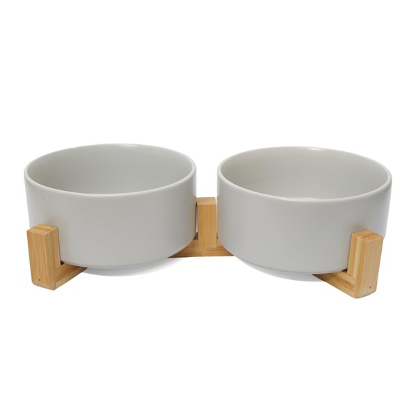 OniAnt Ceramic Dog and Cat Bowls with Wooden Stand, Modern