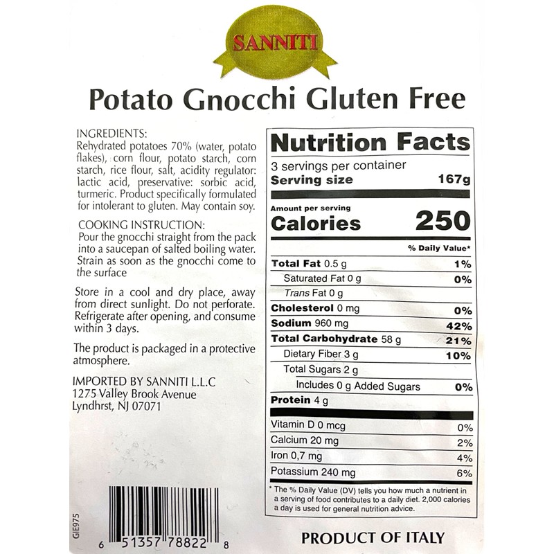 Sanniti Italian Gluten Free Potato Gnocchi, 17.5 oz (500 g)