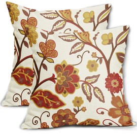 Fall Floral Pillow Covers 20x20 Set of 2 Red Yellow Burnt Orange Flower Print Throw Pillows Autumn Outdoor Decorative Pillow Case Square Linen Cushion Covers Farmhouse Decor for Home Couch Sofa Bed