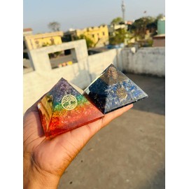 2 Pcs Set Lapis Lazuli & 7 Chakra Orgone Crystal Pyramid Seven Chakra Reiki Crystal Healing Tree of Life Orgonite Pyramid Home Office Table Decor Gift Positive Energy Yoga Meditation