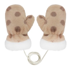 JIAHG Womens Girls Fluffy Polka Dot Mittens Gloves with String Soft Faux Fur Mittens Full Finger Gloves Cozy Thick Plush Lined Mitts (khaki with beige spots)