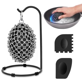 XIBIGEYE Cast Iron Scrubber & Scraper Set with Hook - Heavy Duty Steel Wool for Cast Iron Skillets, Dutch Oven, Baking Sheet, Crock Pot, Grills & More