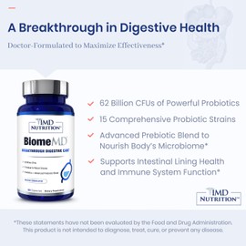 1MD Nutrition BiomeMD Probiotics | 62 Billion CFUs, 15 Comprehensive Strains - Pro & Prebiotics | Doctor-Formulated for Digestive Health & Immune Support | 60 Capsules