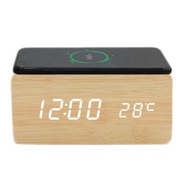 Digital Wooden Alarm Clock with Wireless Charging Wood LED Digital Clock, Dimmer, Dual Alarm, Time Date, Temperature Display for Bedroom, Bedside, Desk