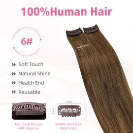 Vlasy Clip in Hair Extensions Real Human Hair, 2 Pcs Seamless Human Hair Extensions Clip in, Straight Brown Double Weft Real Hair Clip Extensions 6# 20 Inch