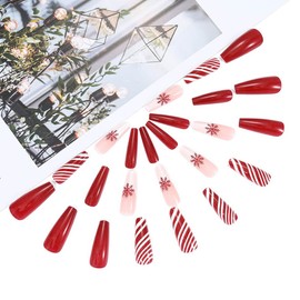 Brishow False Nails Long Fake Nails Snowflake Press on Nails Stick on Nails Red 24pcs for Women and Girls (9)