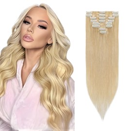 Real Human Hair Natural Blonde Clip in 8PCS, 10 Inch 50g Remy Hair Seamless Thin Weft Clip Hair Extension