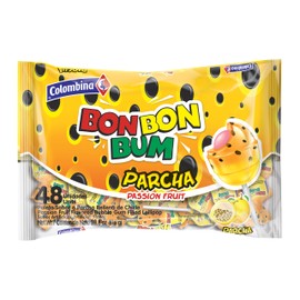 Colombina Bon Bon Bum Lollipops w/Bubble Gum Center, Passion Fruit Flavor, Individually Wrapped, Ideal for Party Favors and Gifts, 1 Pack (48 Count)
