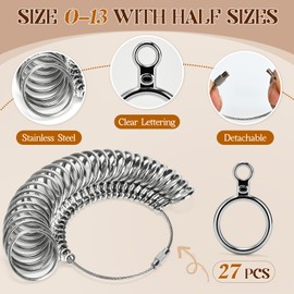 Ring Sizer Measuring Tool, 3 Types, 27 Pcs Metal Ring Sizing Kit, US Sizes 0-13 with Half Size, 2 Pcs Plastic Finger Measurer for Men/Women, USA 1-17 with Magnified Glass