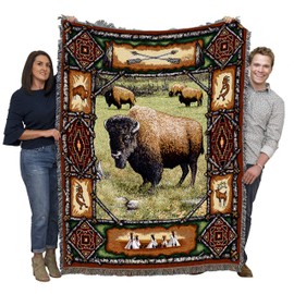 Pure Country Weavers Buffalo Lodge Blanket - Wildlife Cabin Gift Tapestry Throw Woven from Cotton - Made in The USA (72x54)