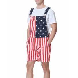 Men's American Flag Overalls Shorts Stretch 4th of July Coveralls Bibs with Zipper USA Overalls Adjustable Strap(Flag,S)