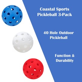 Coastal Sports Outdoors Pickleballs | Premium Durable 40 Hole Pickleball for Outdoor Play (Red, White, & Blue)
