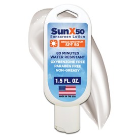 Sun X 50 SPF Oil Free Sunscreen Lotion (1.5oz. Tottle) - Free of Parabens, Oxybenzone, & White Cast Properties With Broad Spectrum (UVA/UVB) Protection - Water & Sweat Resistant For Up To 80 Minutes