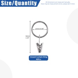Glarks 40Pcs 25mm/1 Inch Sliver Curtain Rings with Clips, Rustproof Metal Drapery Curtain Hanging Rings