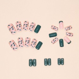 Green Press on Nails Medium French Tip Square Fake Nails Leaves Acrylic Nails Glossy Gold Glitter Glue on Nails Full Cover False Nails Fall Stick on Nails for Women 24 Pcs