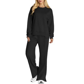 SotRong Black Tracksuit Womens Full Set Cozy Lounge Wear Set Oversized Co Ord Set Plain Leisure Jogging Suits Two Piece Autumn Winter Travel Outfit Casual Gym Activewear Jogger Sets With Pockets XL