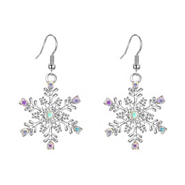 EVER FAITH Austrian Crystal Winter Party Jewelry Snowflake Pierced Hook Dangle Earrings for Woman Girls Iridescent AB Silver-Tone