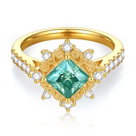 Green Moissanite Engagement Rings for Women, 18K Yellow Gold Plated 925 Sterling Silver, 1.5CT Princess Cut Cyan Blue Gemstone Anniversary Wedding Promise Ring for Women(Size 4-11), Sterling Silver,