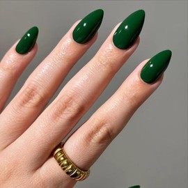 24Pcs Green Press on Nails Short Almond Fake Nails Solid Color Glossy Acrylic Artificial False Nails Reusable Glue on Nails Full Cover Stick on Nails for Women Girls Nail Decorations